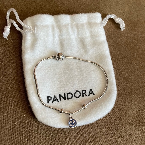 Pandora Retired Snake Essence Bracelet w/ Smiley Happiness Pandora Charm - Picture 1 of 15